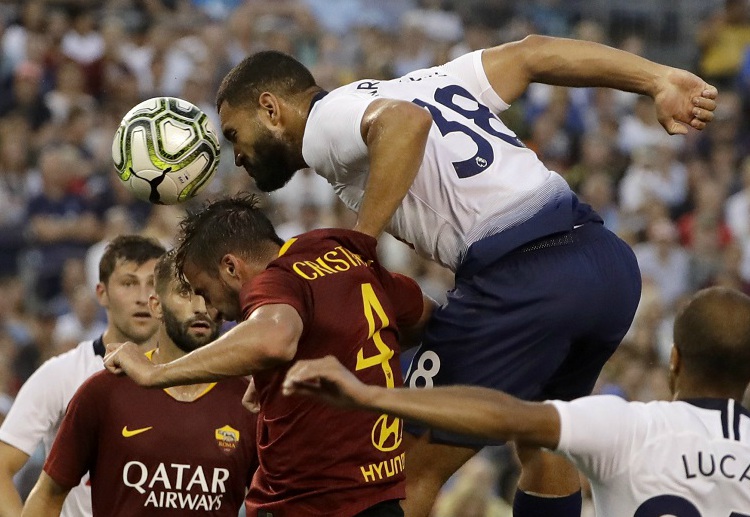 Tottenham and  AS Roma vie for a head ball during the first half of an International Champions Cup tournament AS Roma vying for a head ball during the ICC 2018 match in United States