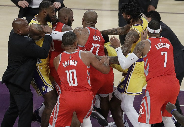 Several players from Rockets and Lakers' jawing at each during the tension-filled NBA match