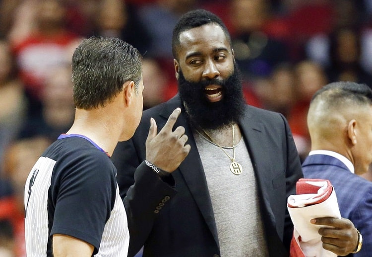 James Harden talks with referee David Guthrie during the NBA game between Houston Rockets & Los Angeles Clippers