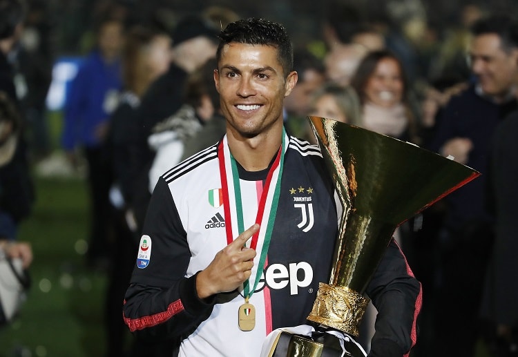 Juventus' Cristiano Ronaldo holds the Serie A trophy at the Allianz Stadium