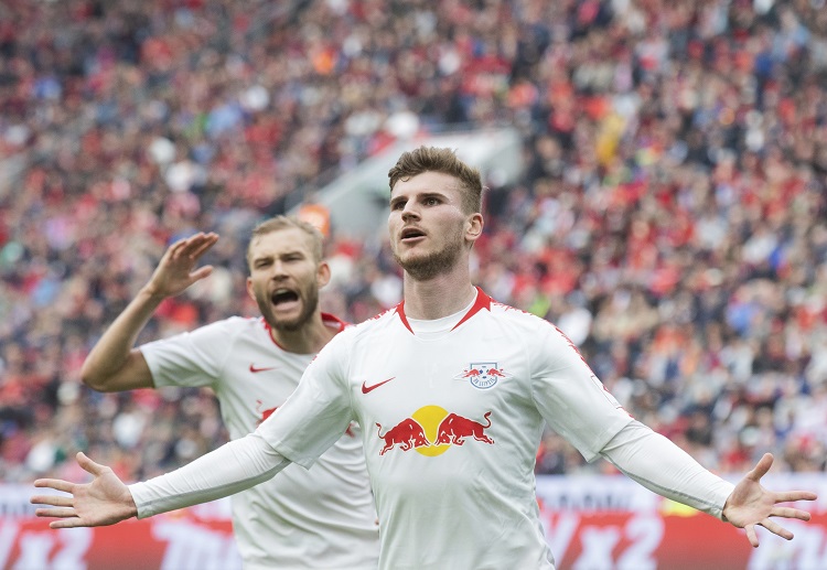 RB Leipzig striker Timo Werner after scoring during the Bundesliga match Bayer Leverkusen and RB Leipzig